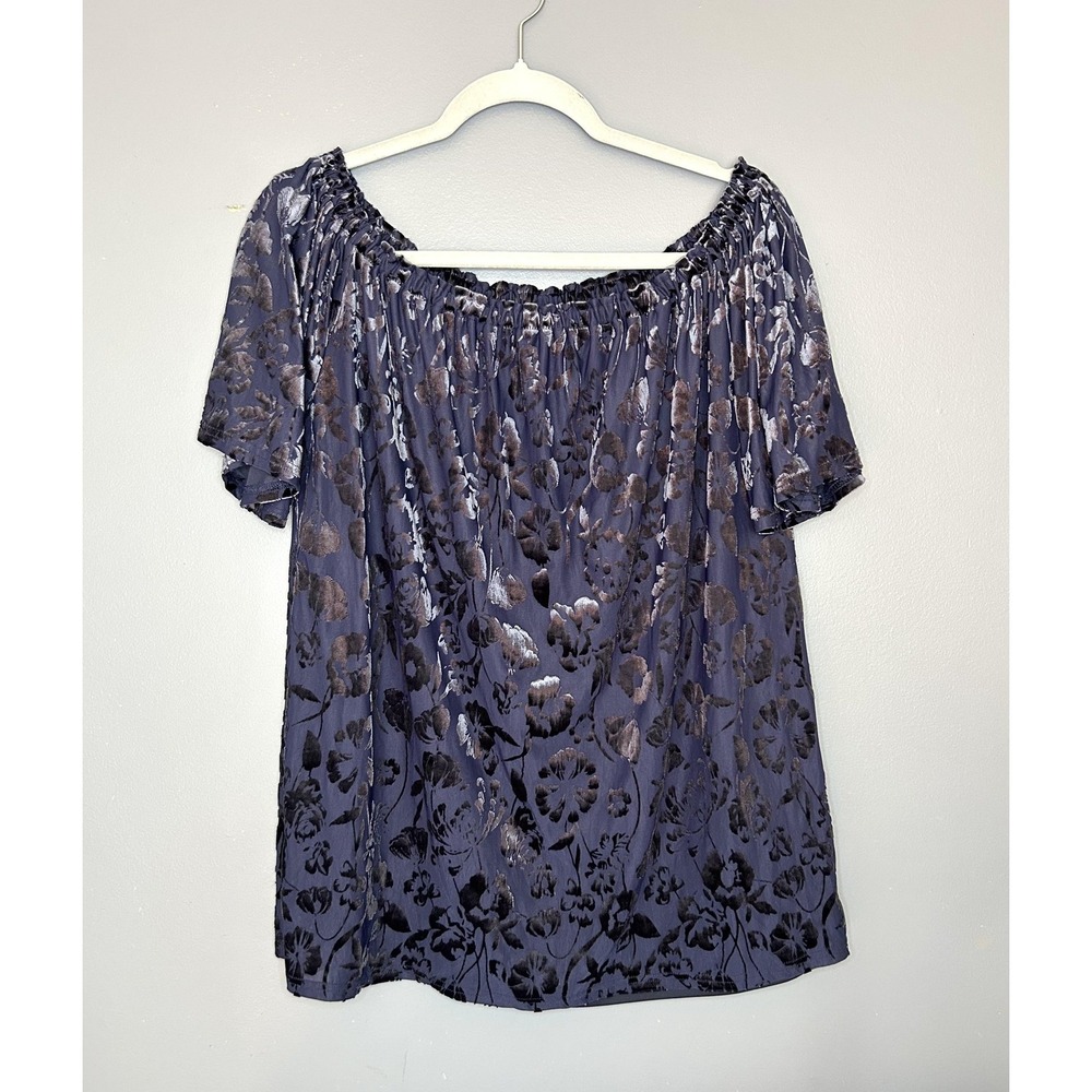 Forever 21 Blouse Womens Medium Blue Velvet Burnout Floral Off Shoulder Peasant